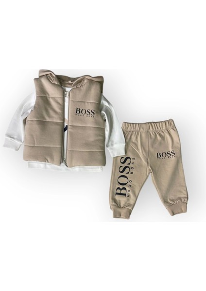 Baby Marka Baskılı Bossa Desen Baskı Yelekli Üçlü Takım Unisex 9-36 Ay