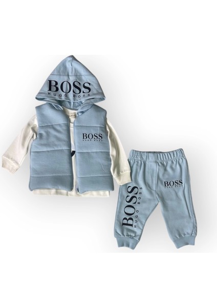 Baby Marka Baskılı Bossa Desen Baskı Yelekli Üçlü Takım Unisex 9-36 Ay