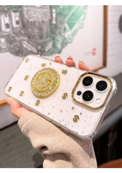 Apple iPhone 15 Pro Max Uyumlu Dolar Figürlü Taşlı Simli Şeffaf Kılıf