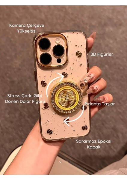Apple iPhone 15 Pro Max Uyumlu Dolar Figürlü Taşlı Simli Şeffaf Kılıf modelleri
