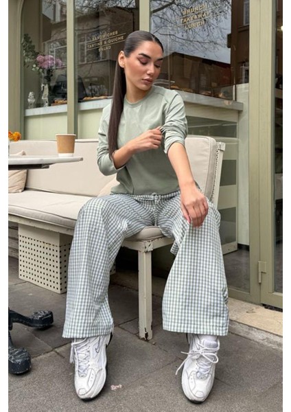 Açık Yeşil Beli Ayarlanabilir Ekoseli Bol Paça Kadın Pantolon MG2335