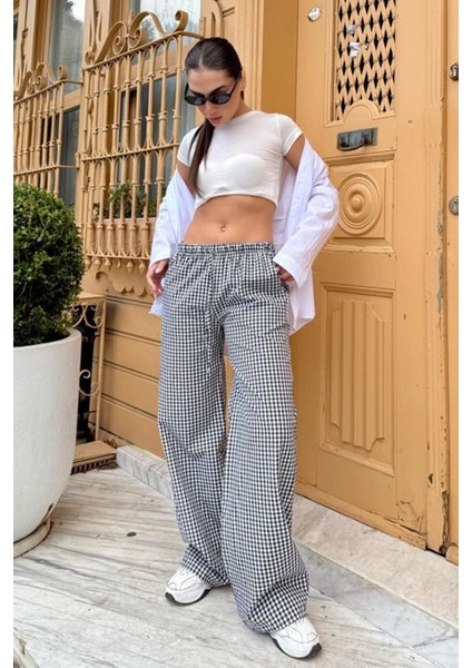 Siyah Beli Ayarlanabilir Ekoseli Bol Paça Kadın Pantolon MG2335