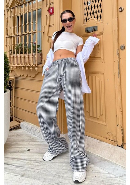 Siyah Beli Ayarlanabilir Ekoseli Bol Paça Kadın Pantolon MG2335 modelleri
