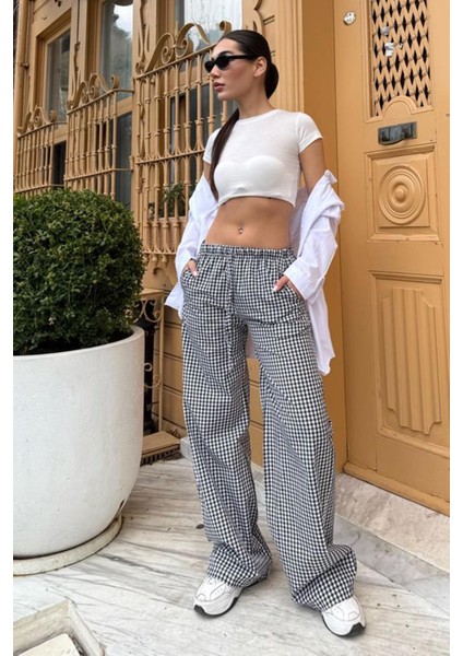 Siyah Beli Ayarlanabilir Ekoseli Bol Paça Kadın Pantolon MG2335 fırsatları
