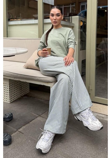 Açık Yeşil Beli Ayarlanabilir Ekoseli Bol Paça Kadın Pantolon MG2335 fırsatları