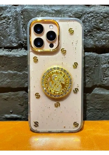 Apple iPhone 16 Pro Uyumlu Dolar Figürlü Taşlı Simli Şeffaf Kılıf