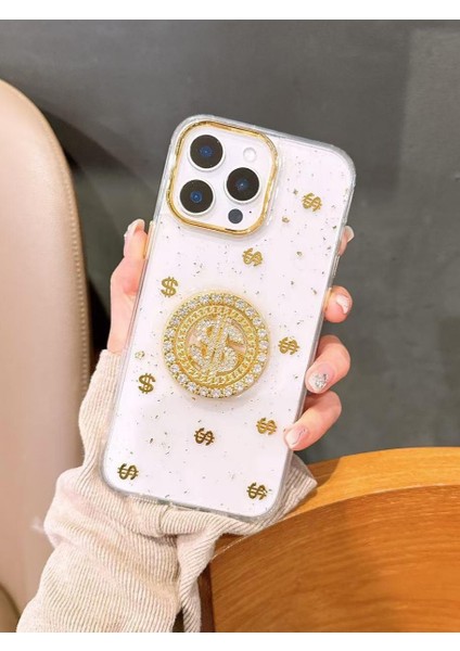 Apple iPhone 15 Pro Uyumlu Dolar Figürlü Taşlı Simli Şeffaf Kılıf