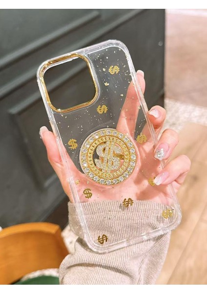 Apple iPhone 15 Pro Uyumlu Dolar Figürlü Taşlı Simli Şeffaf Kılıf