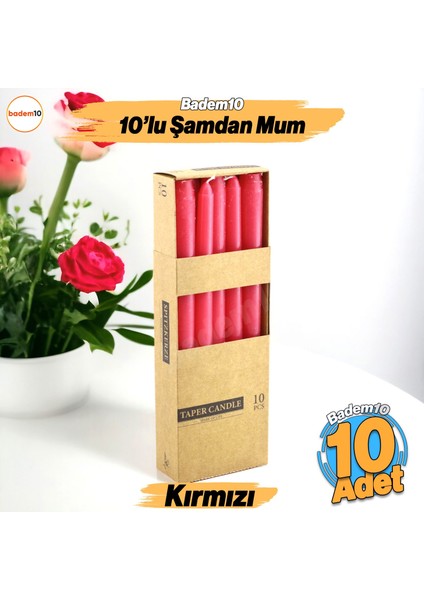 Şamdan Mum 10'lu Düz Kırmızı Dekoratif Mumu Kandil Hediyelik Fitilli Mumluk 25 cm