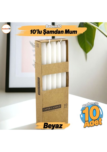Şamdan Mum 10'lu Düz Beyaz Dekoratif Mumu Kandil Hediyelik Fitilli Mumluk 25 cm
