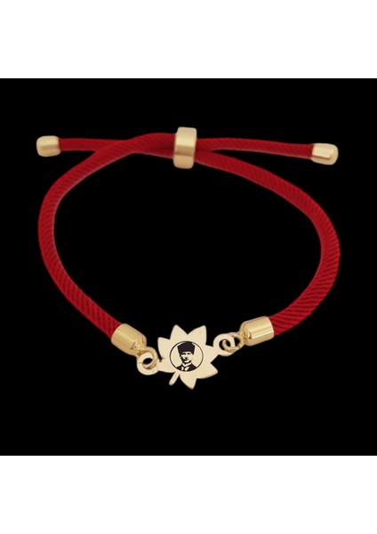 14 Ayar Plakalı Altın Özel Yaprak Figürlü, Kırmızı Örgü Det Ayıyla Atatürk Sembollü Bileklik, Özgürlüğü ve Bağımsızlığı Simgeleyen Anlamlı ve Gurur Verici Bir Hediye!