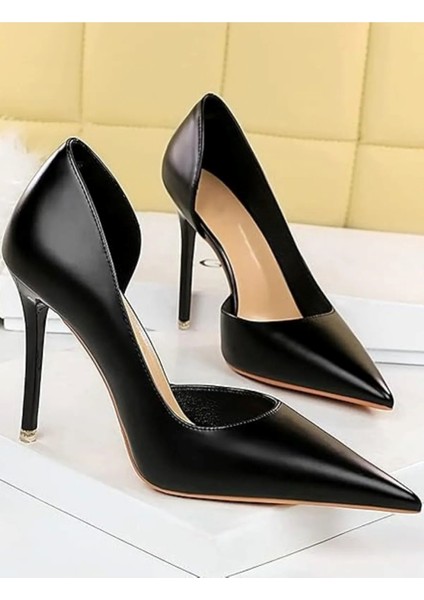 Kadın Siyah Cilt 8cm Ince Şeffaf Kapak Topuklu Stiletto Ayakkabı