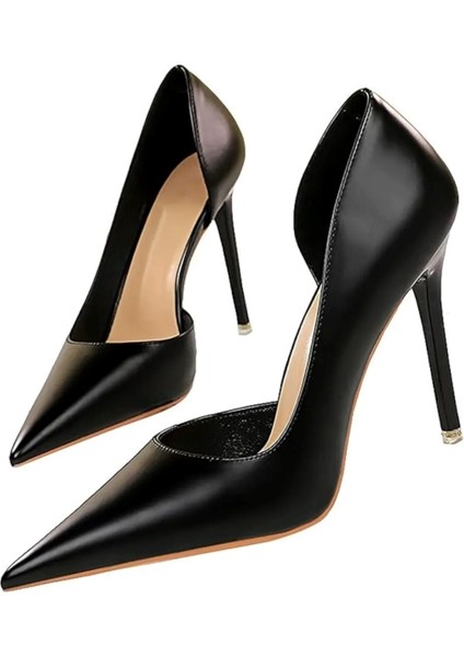 Kadın Siyah Cilt 8cm Ince Şeffaf Kapak Topuklu Stiletto Ayakkabı