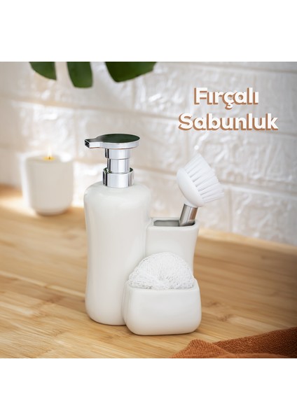 Tezgah Üstü Fırçalı Süngerli Mutfak Banyo Porselen Sıvı Sabunluk Takımı Seti Beyaz 550 ml