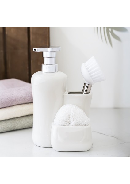 Tezgah Üstü Fırçalı Süngerli Mutfak Banyo Porselen Sıvı Sabunluk Takımı Seti Beyaz 550 ml fiyatları
