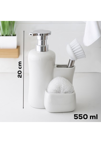 Tezgah Üstü Fırçalı Süngerli Mutfak Banyo Porselen Sıvı Sabunluk Takımı Seti Beyaz 550 ml fırsatları
