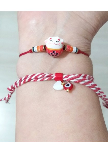 Varisit ve Hematit Doğaltaşlı Seramik Şans Kedisi Bileklik ve Marteniçka Bileklik