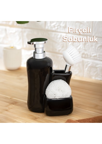 Tezgah Üstü Fırçalı Süngerli Mutfak Banyo Porselen Sıvı Sabunluk Takımı Seti Siyah 550 ml
