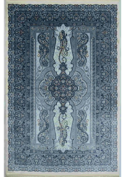 Klasik Desenli Bambu Iplikten Dokuma Parlak Tuşeli Krem ve Mavi Renk Halı (120 x 180 cm )