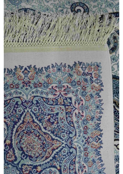 Klasik Desenli Bambu Iplikten Dokuma Parlak Tuşeli Krem ve Mavi Renk Halı (120 x 180 cm ) modelleri