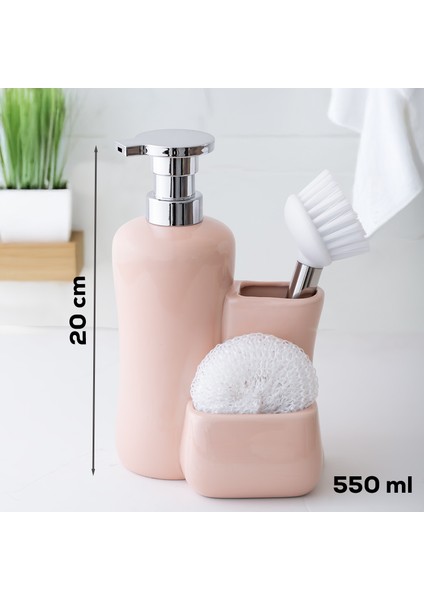 Tezgah Üstü Fırçalı Süngerli Mutfak Banyo Porselen Sıvı Sabunluk Takımı Seti Pudra 550 ml fırsatları