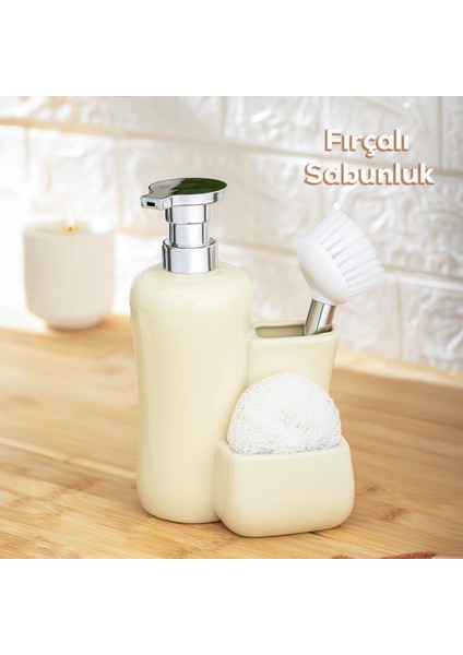 Tezgah Üstü Fırçalı Süngerli Mutfak Banyo Porselen Sıvı Sabunluk Takımı Seti Krem 550 ml