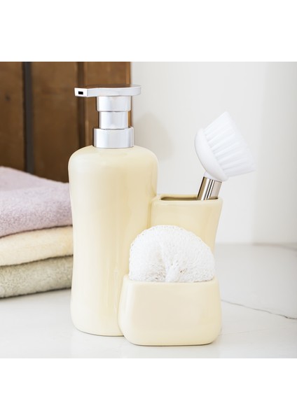 Tezgah Üstü Fırçalı Süngerli Mutfak Banyo Porselen Sıvı Sabunluk Takımı Seti Krem 550 ml fiyatları