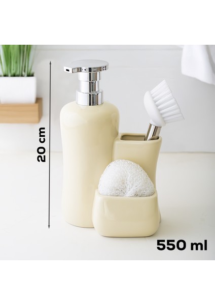 Tezgah Üstü Fırçalı Süngerli Mutfak Banyo Porselen Sıvı Sabunluk Takımı Seti Krem 550 ml fırsatları