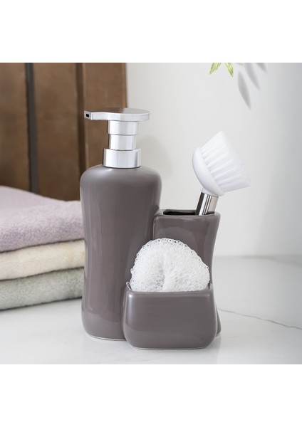 Tezgah Üstü Fırçalı Süngerli Mutfak Banyo Porselen Sıvı Sabunluk Takımı Seti Gri 550 ml fiyatları