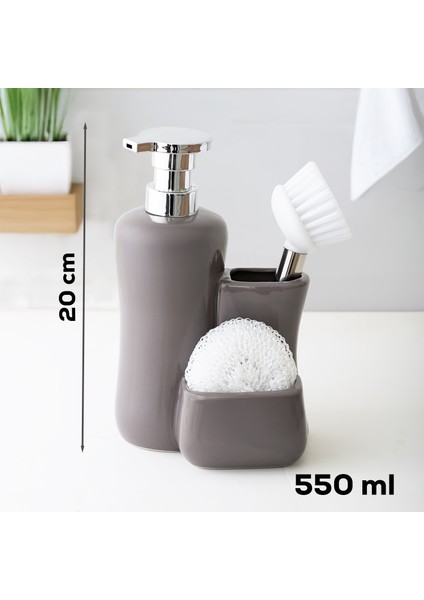 Tezgah Üstü Fırçalı Süngerli Mutfak Banyo Porselen Sıvı Sabunluk Takımı Seti Gri 550 ml fırsatları