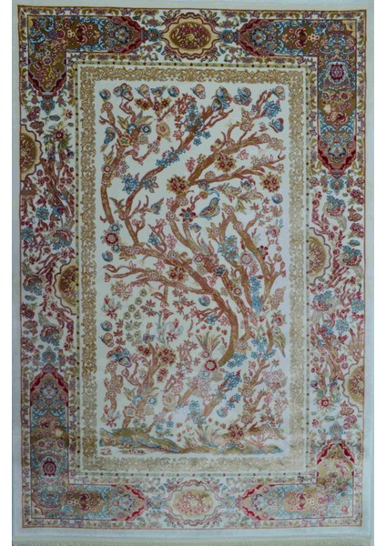 Hayat Ağacı Desenli Krem Renk Bambu Halı (83 x 125 cm )