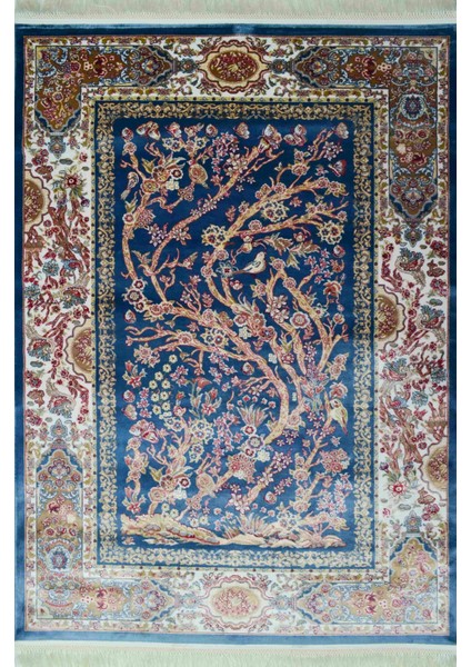 Hayat Ağacı Desenli Mavi Renk Bambu Halı (83 x 125 cm )