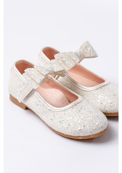 Kız Çocuk Sedef Babet Kaydırmaz Tabanlı Suni Deri Cam Kırık Fiyonk Detaylı