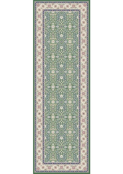 Hereke Yedi Dağın Çiçeği Desenli Bambu Iplikten Dokuma Parlak Tuşeli Yeşil Renk Yolluk (60 x 180 cm )
