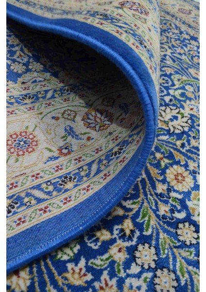 Hereke Yedi Dağın Çiçeği Desenli Mavi Renk Bambu Halı (80 x 125 cm )