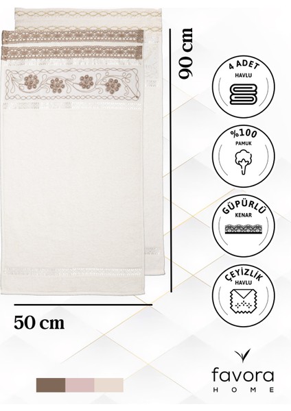 Pamuk Güpürlü Çeyizlik 4'lü Havlu 50 x 90 - Krem - Kahve indirimleri