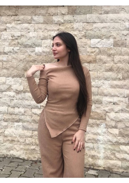 Kadın Düşük Omuz Drape Detay Bürümcük Bluz Pantolon Takımı