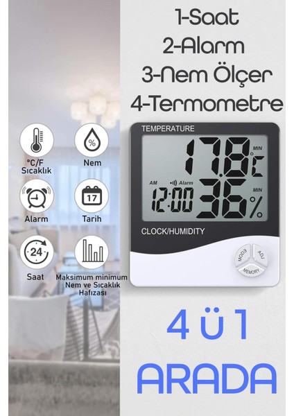 Termometre Nem Ölçer Alarm Saat Ekranlı Oda Sıcaklık Ölçer Duvara Uygun Masaüstü Isı Göstergesi 3240