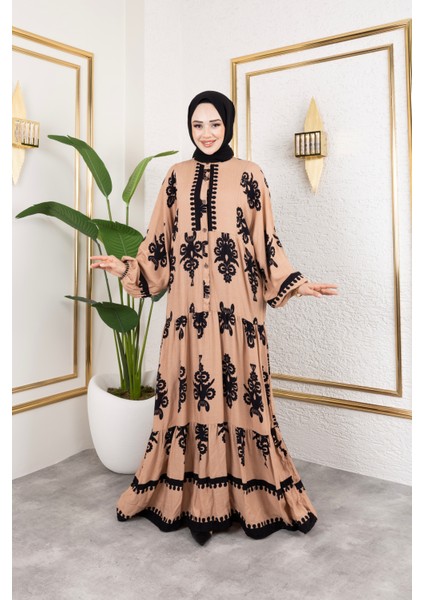 Kadın Tesettür Giyim Önü Düğmeli Hakim Yaka ve Büyük Battal Beden Balon Kol Dokuma Viskon Elbise fırsatları