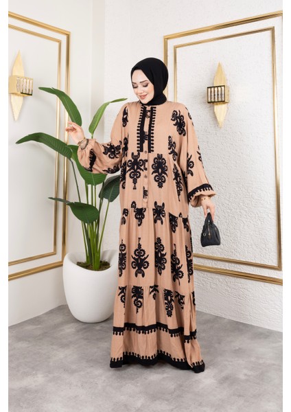 Kadın Tesettür Giyim Önü Düğmeli Hakim Yaka ve Büyük Battal Beden Balon Kol Dokuma Viskon Elbise indirimleri