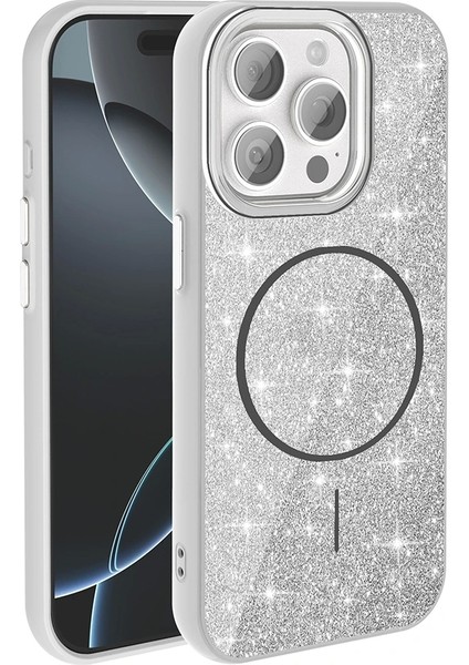 Apple iPhone 15 Pro Kılıf Magsafe Şarj Özellikli Parlayan Simli Redclick Okso Kapak