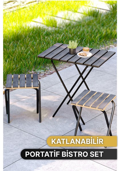 Bahçe Masası Kamp Masası Yükseklik Ayarlı Masa Sandalye Bistro Ahşap Kamp Masası Taburesi 3'lü Set