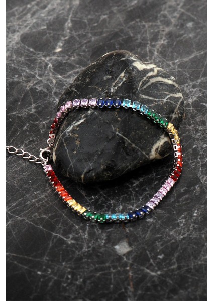 Baget Su Yolu Renkli Taşlı Rodyumlu Gümüş Bileklik 4763