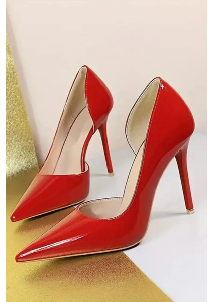 Kadın Kırmızı Rugan 8cm Ince Şeffaf Kapak Topuklu Stiletto Ayakkabı
