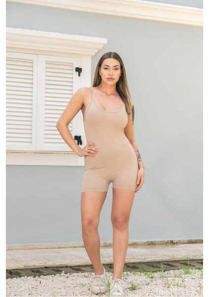 Vücuda Oturan Kadın Spor Şort Tulum / Toparlayıcı Askılı Spor Tulum