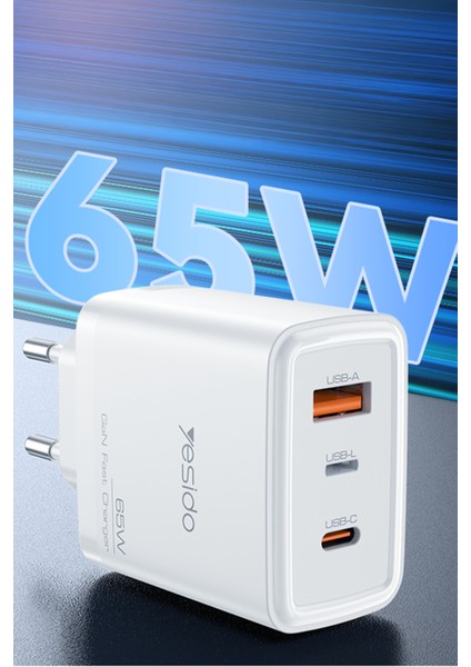 Iphone Samsung Andirod Telefon Tablet Uyumlu Alev Isı Korumalı Şarj Başlığı 1 Adet 65W Type-C / 1 Adet 30W USB ve 1 Adet Lightning Gan Hızlı Şarj Cihazı YC70