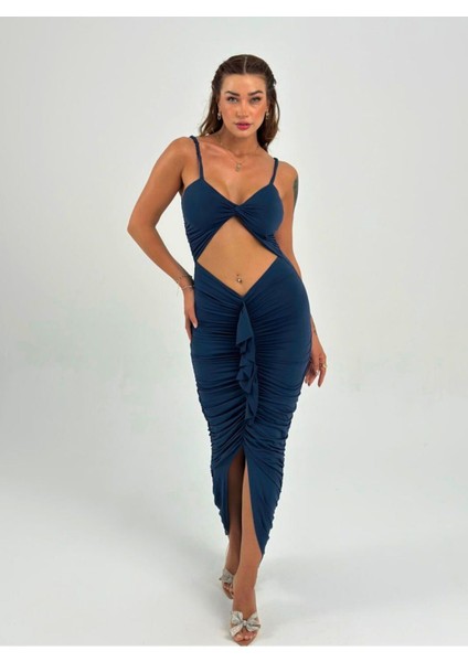 Premium Vücuda Oturan Örme Büzgülü Özel Dekolte Detaylı abiye elbise