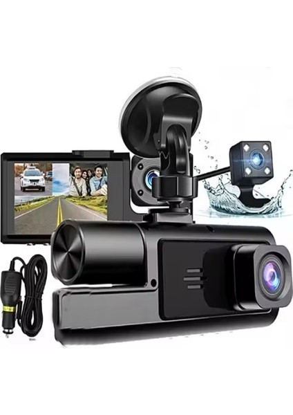 1080P Araç Içi 3 Kameralı LCD Ekranlı Gece Görüşlü , G-Sensör , Geri Görüş Kamera - Iç Görüş - Siyah ( XC655)