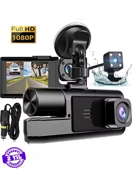 1080P Araç Içi 3 Kameralı LCD Ekranlı Gece Görüşlü , G-Sensör , Geri Görüş Kamera - Iç Görüş - Siyah ( XC655)