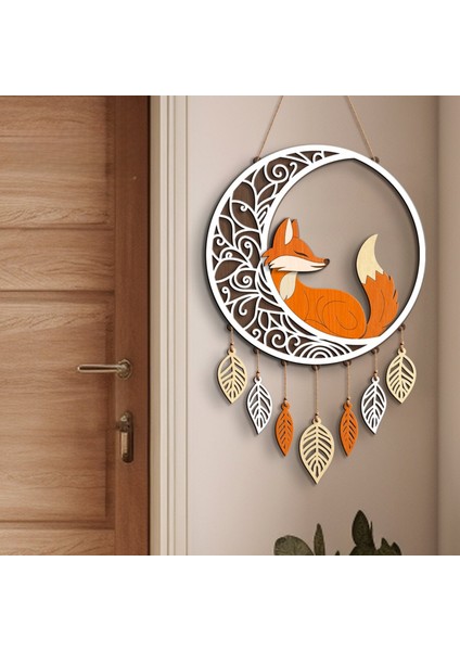 Tilki ve Ay Desenli El Yapımı Ahşap Duvar Tablosu
